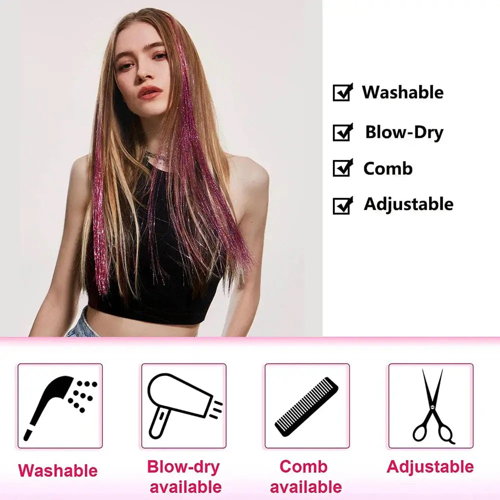 Woman with Rainbow Glitter Hair Tinsel Extensions, showcasing washable, blow-dry, comb, and adjustable features of the tinsel kit.