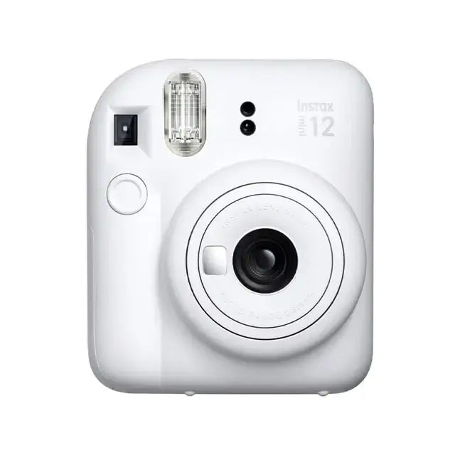 Fujifilm Instax Mini 12 instant camera in clay white with lens and flash; compact design ideal for instant memories.