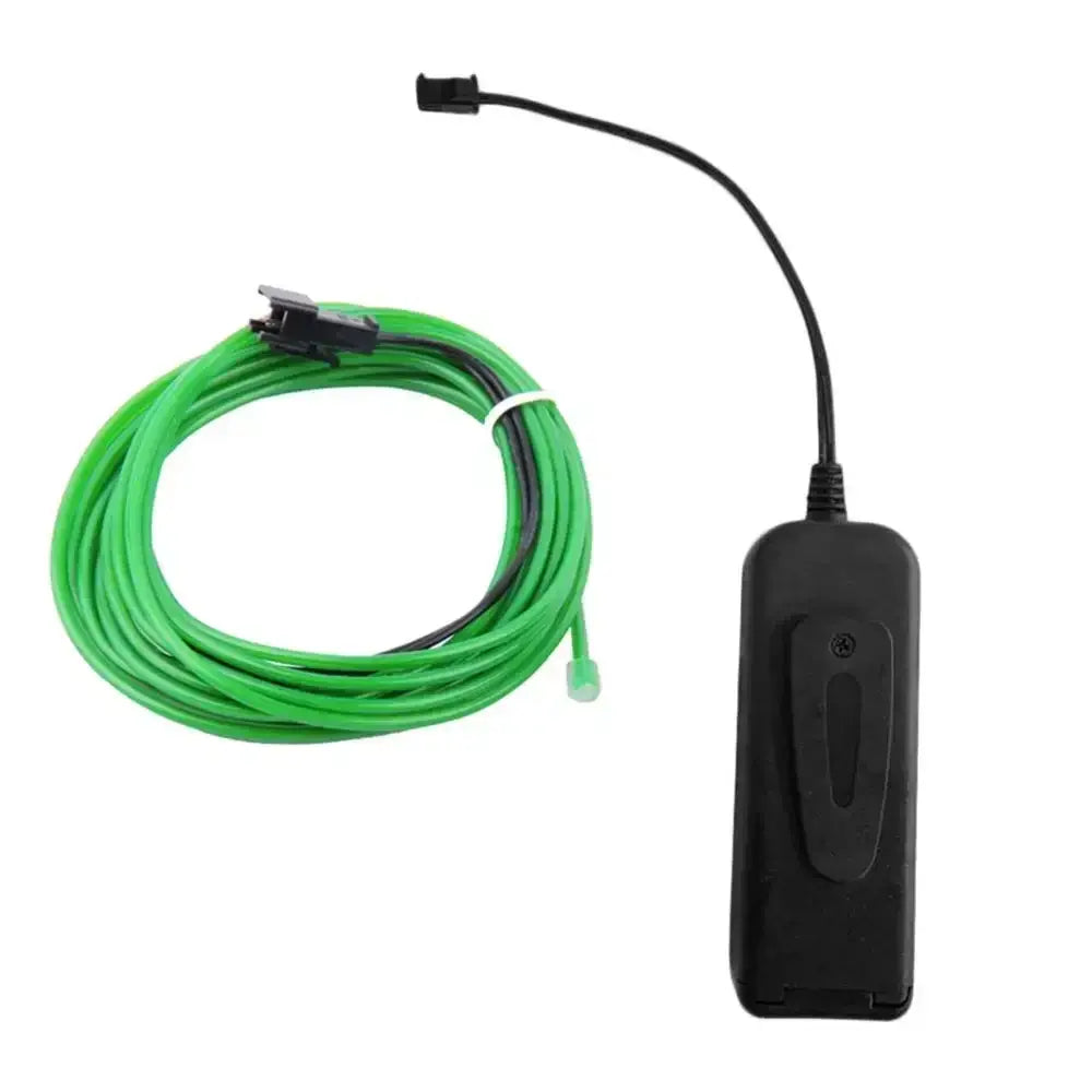 Green EL wire LED neon glow cable with black controller, ideal for DIY costumes and parties. Available in various lengths.