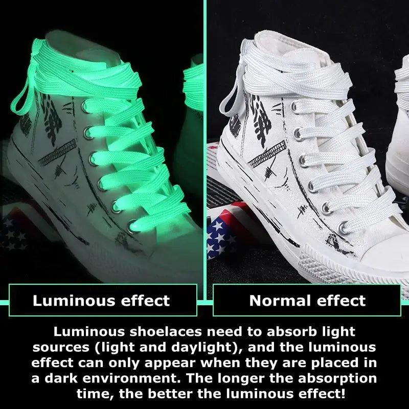 Luminous shoelaces glowing in the dark next to regular laces, demonstrating the fluorescent effect for night visibility.