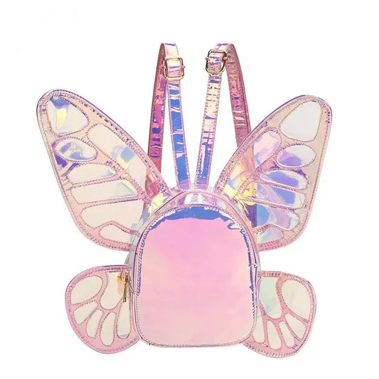 Holographic butterfly wings mini backpack with reflective laser finish, ideal for festivals, parties, and casual outings.