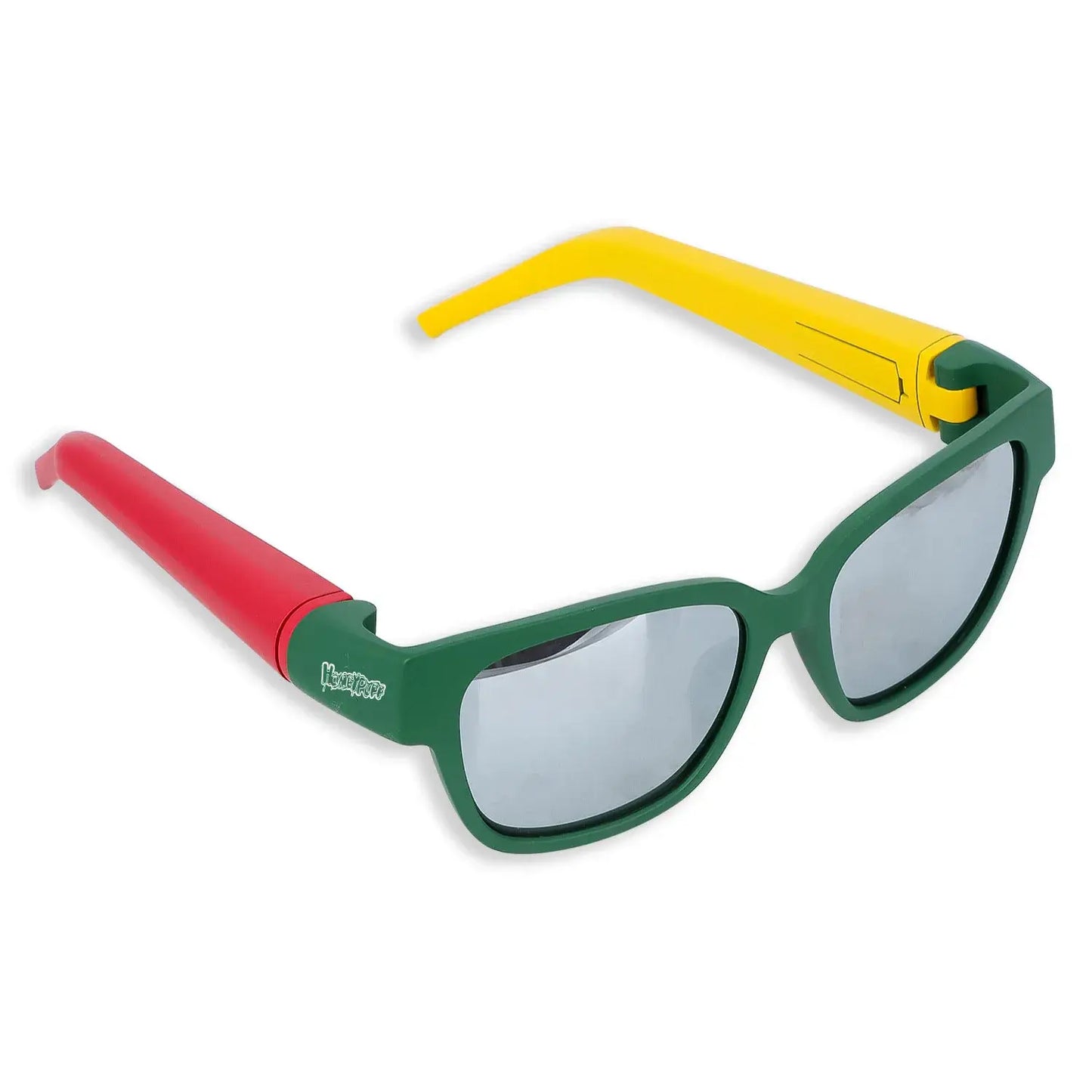 Hidden storage sunglasses with red, green, and yellow frame featuring a discreet removable compartment for smoking accessories.