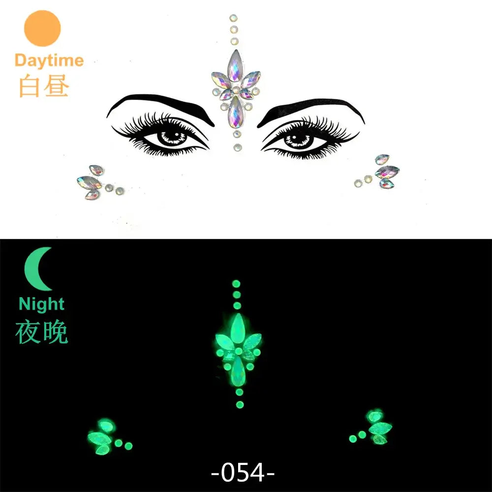 "3D glowing rhinestone face stickers in daylight and UV light for festival makeup"