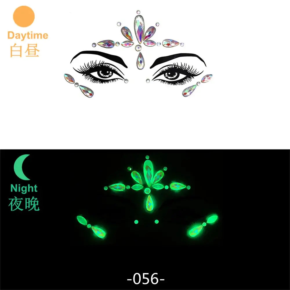 3D glowing rhinestone face stickers shown in daylight and UV light, perfect for festivals and parties.