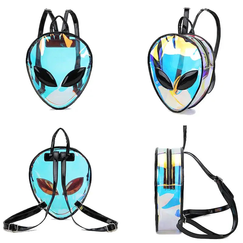 Holographic Alien Backpack with Eye-Catching Design for Raves, Festivals, and Parties, Showing Front and Side Views