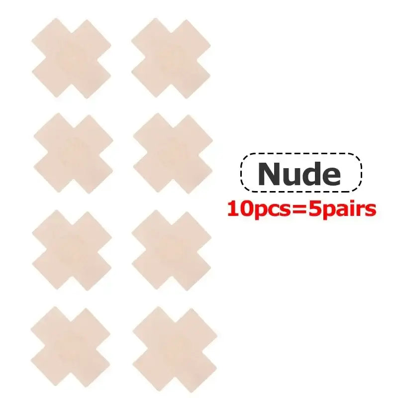 Nude cross-shaped nipple covers, 10 pieces (5 pairs), silk cloth pasties for invisible bra support.