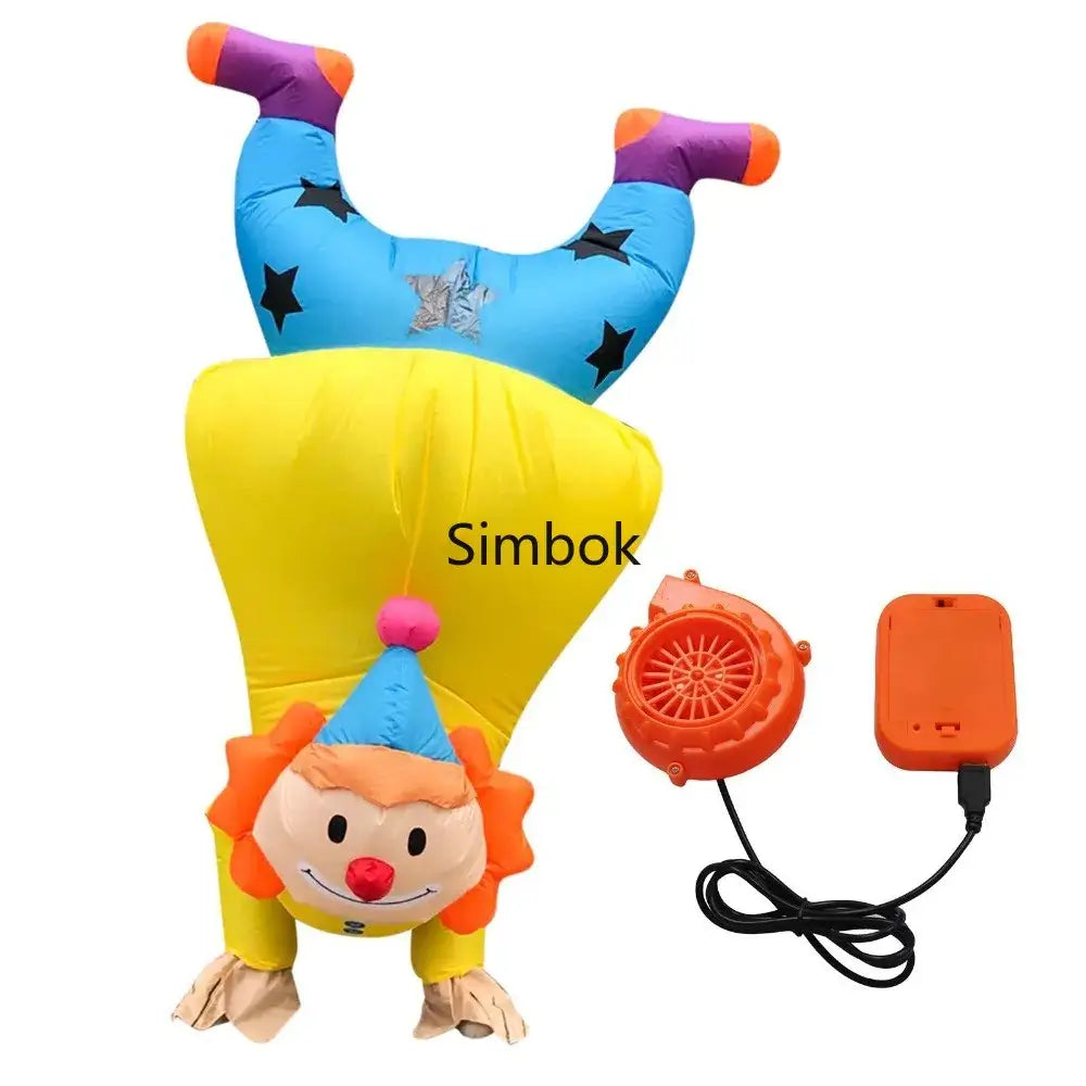 Inflatable clown costume with fan for adults, perfect for festivals and events. Vibrant and durable polyester material.