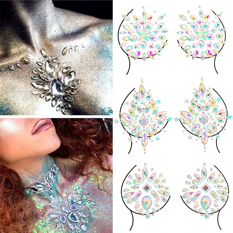 Rhinestone breast jewels and glitter body gems, temporary tattoo-style for festival and party wear, shown on models and displayed separately.