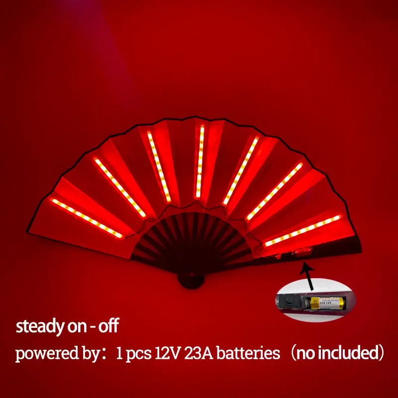 LED glow folding fan with red lights, ideal for dance and stage performances, powered by 12V 23A batteries (not included).