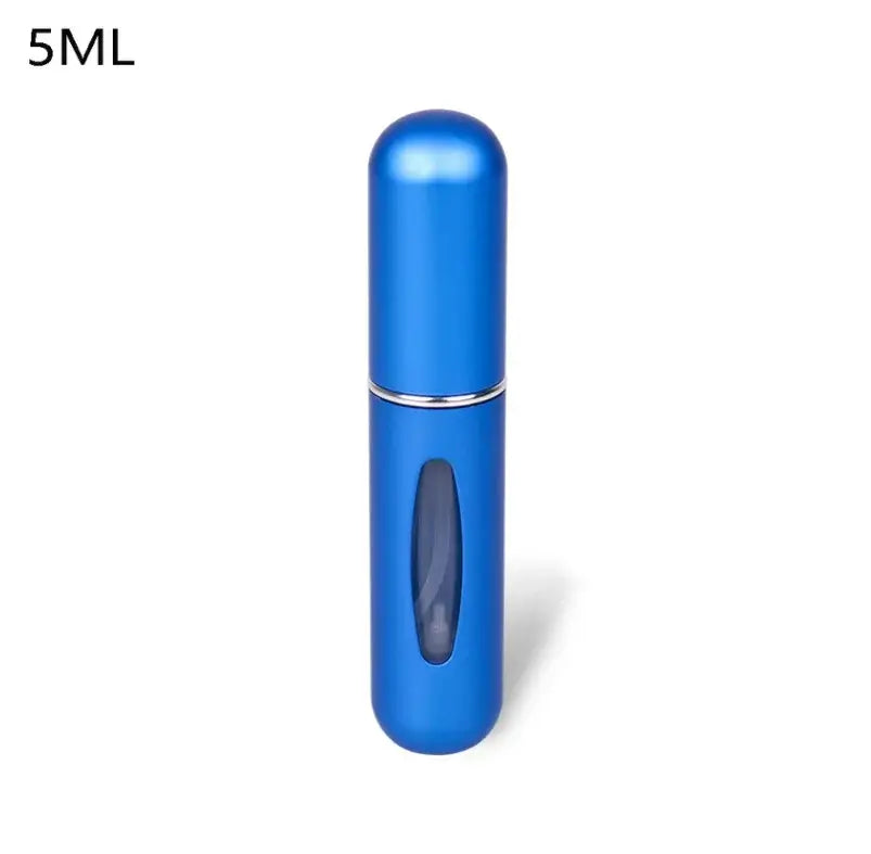 Blue 5ml portable refillable perfume atomizer bottle, compact for travel, with visible window and sleek design.