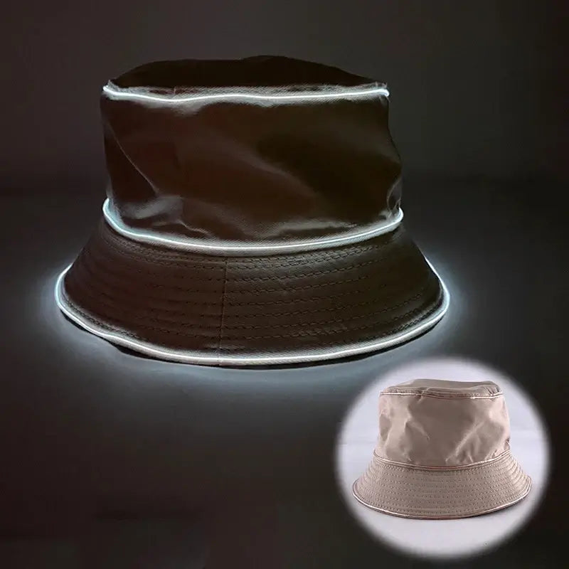 LED glowing bucket hat in two color options, perfect for night events, beach outings, and parties with neon light-up effects.