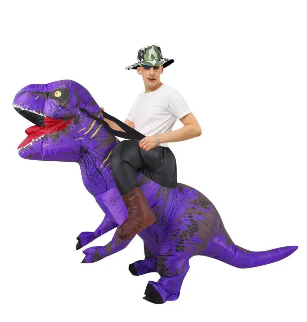 Man wearing a purple inflatable T-Rex costume with a camo hat, ideal for cosplay, festivals, and parties.