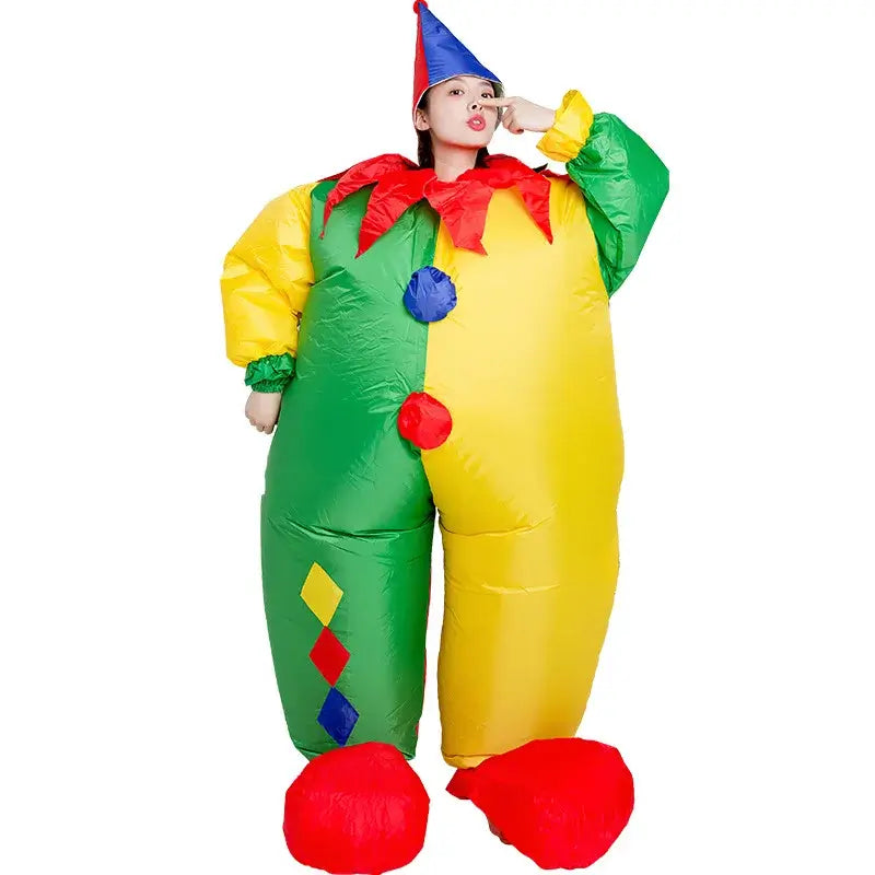 Vibrant inflatable clown costume for adults, perfect for festivals and parties, featuring durable polyester material.