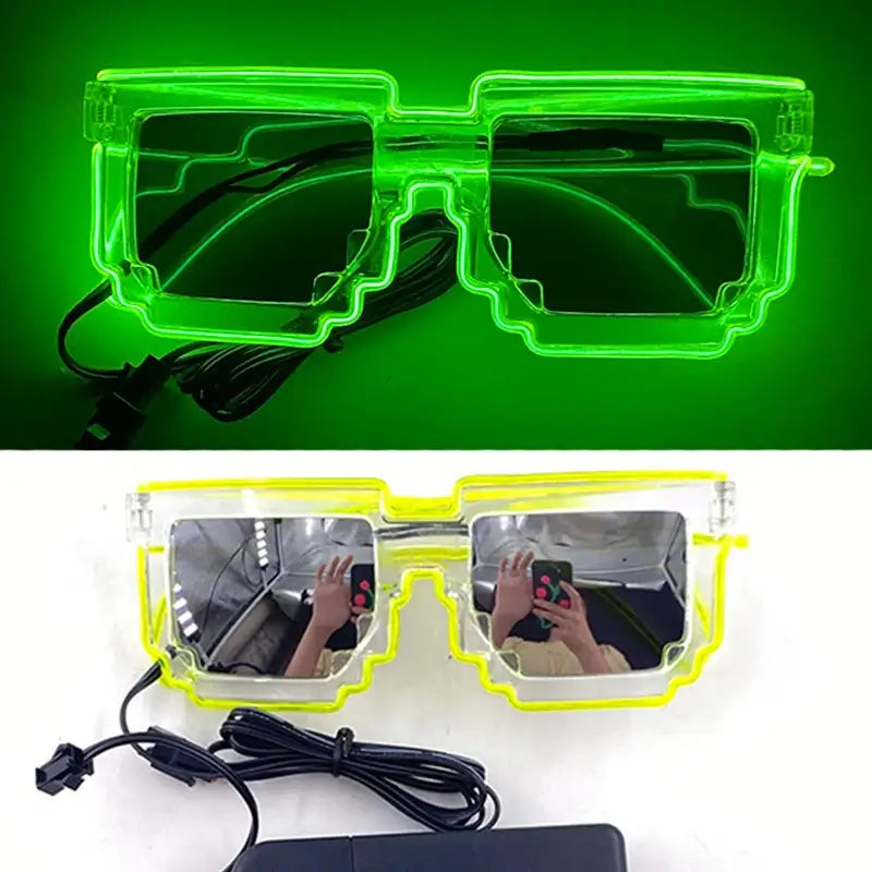 Neon LED rave glasses with vibrant EL wire design in green and yellow, perfect for parties and celebrations, battery powered.