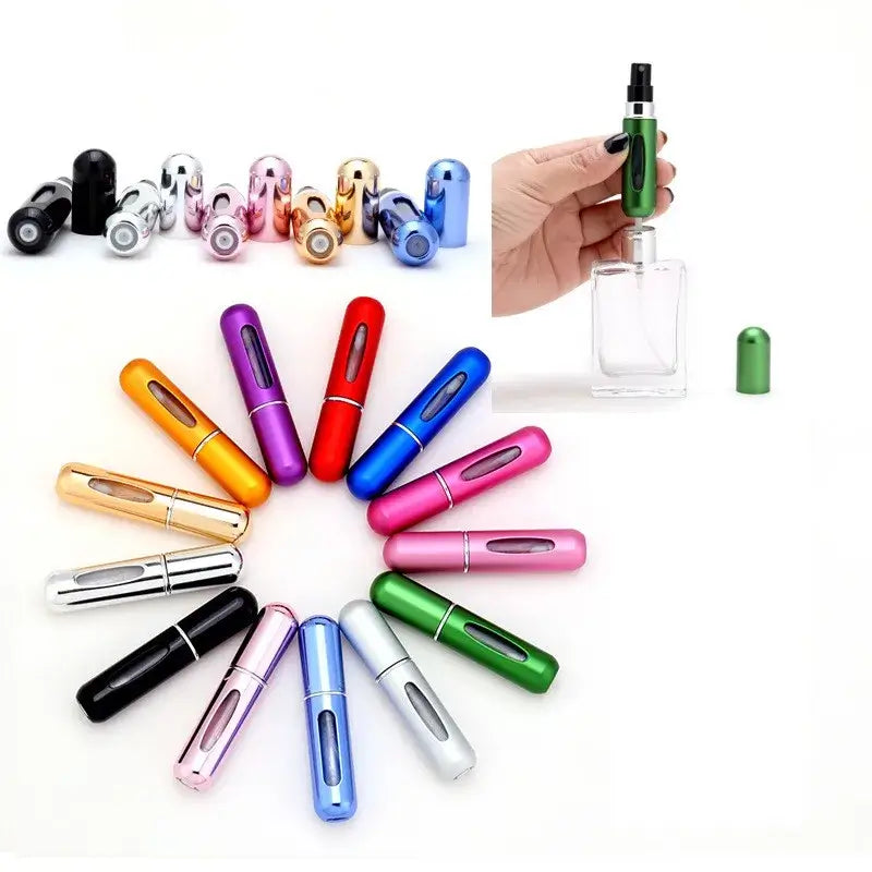 Colorful portable 5ml/8ml refillable perfume atomizer bottles displayed in a circle with one being filled, compact for travel use.