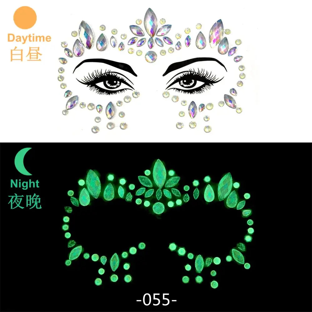 3D glowing rhinestone face stickers showing luminous effect under UV light for festival makeup, reusable and skin-friendly.