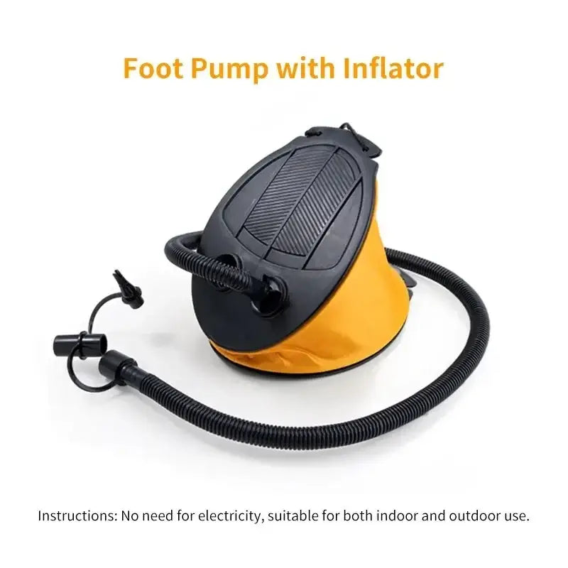 Portable foot pump with inflator, lightweight and durable, ideal for camping gear and inflatables like air mattresses and pool toys.