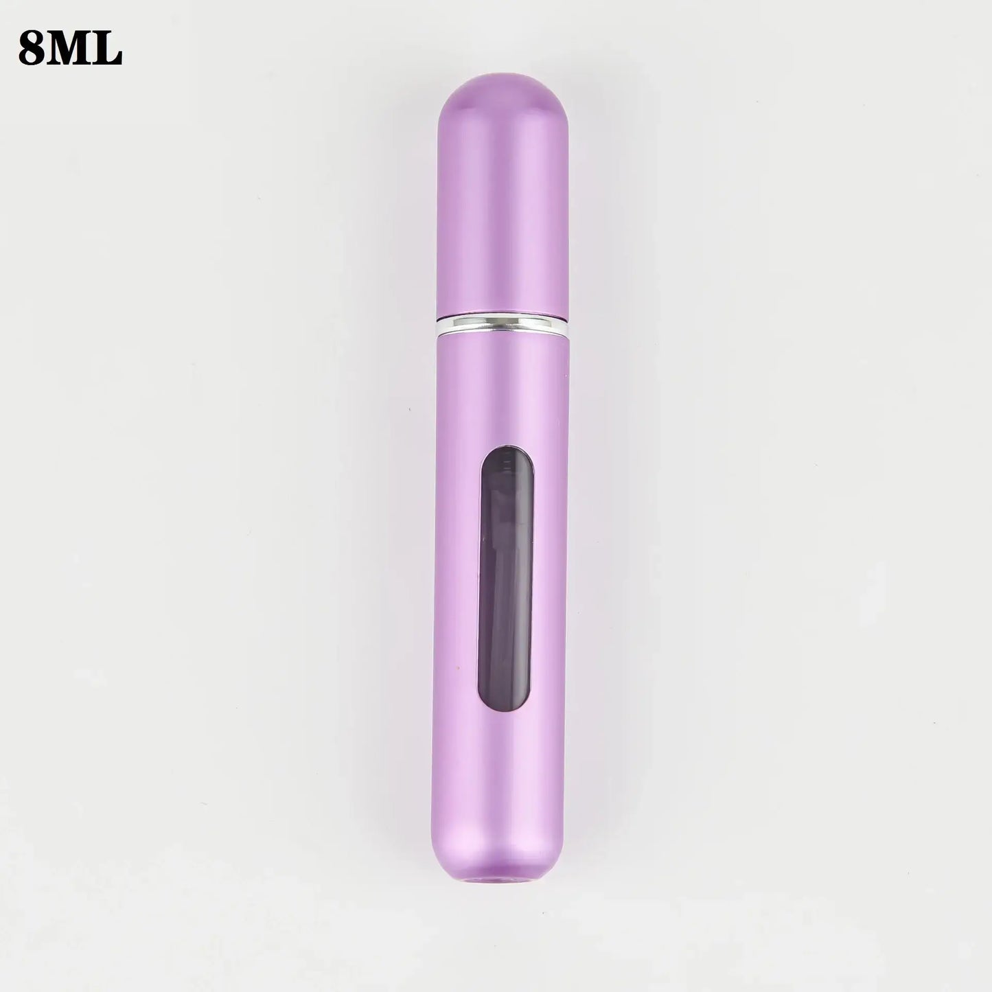 Purple 8ml refillable perfume atomizer bottle with a sleek design for travel and daily use.