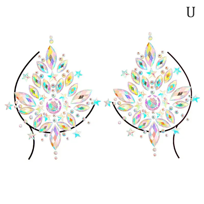 Rhinestone breast jewels, glitter body gems for festival wear, featuring sparkling temporary tattoo-style design.