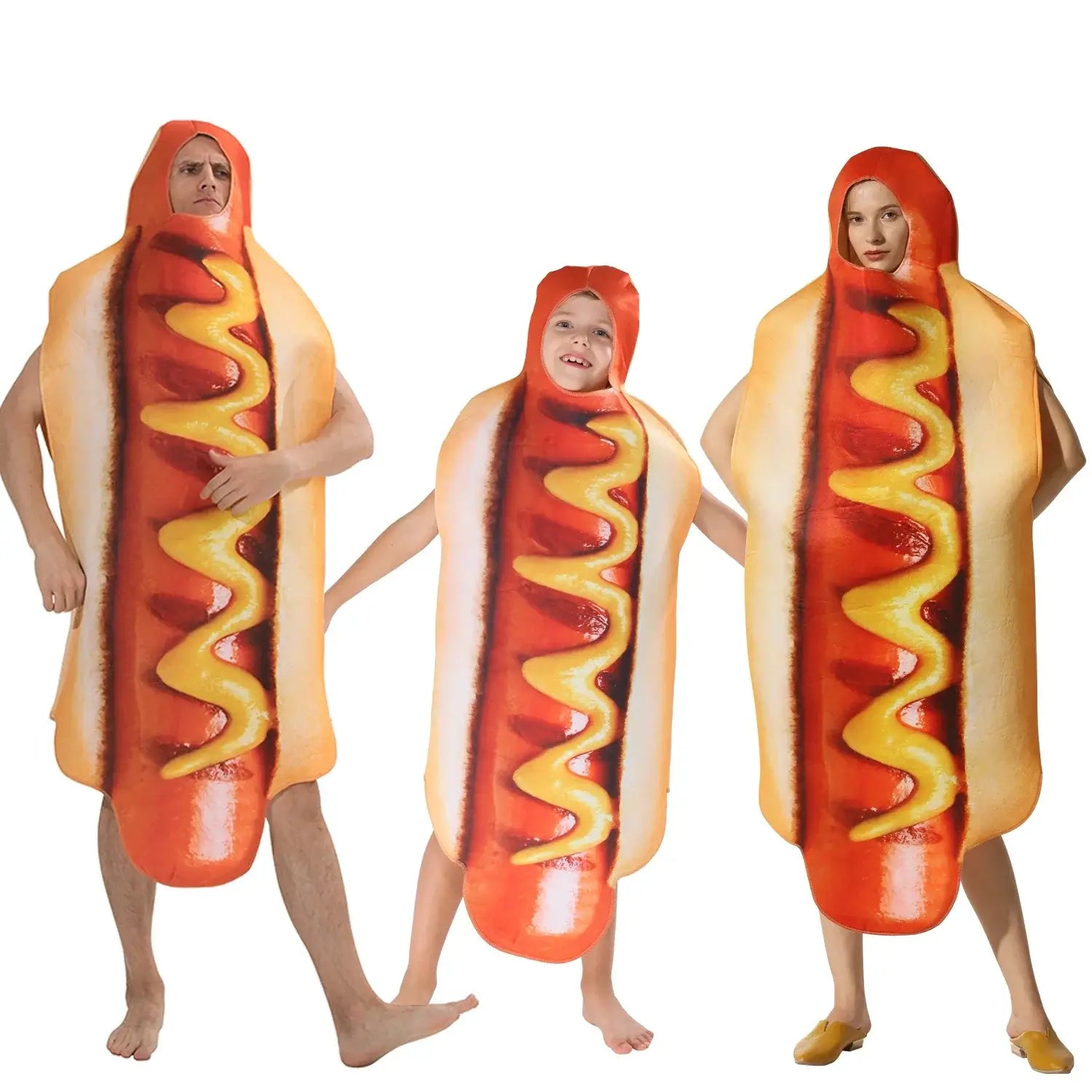 Family wearing funny hot dog costumes with 3D sausage prints, ideal for festivals, events, and matching outfits.