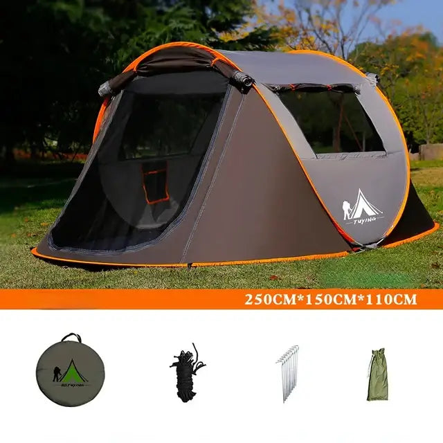 Ultralight automatic pop-up camping tent for 3-4 people, windproof and rainproof, shown set up outdoors with accessories.