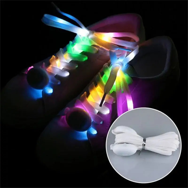 LED light-up shoelaces glowing in multiple colors on sneakers, suitable for parties, concerts, and night runs.