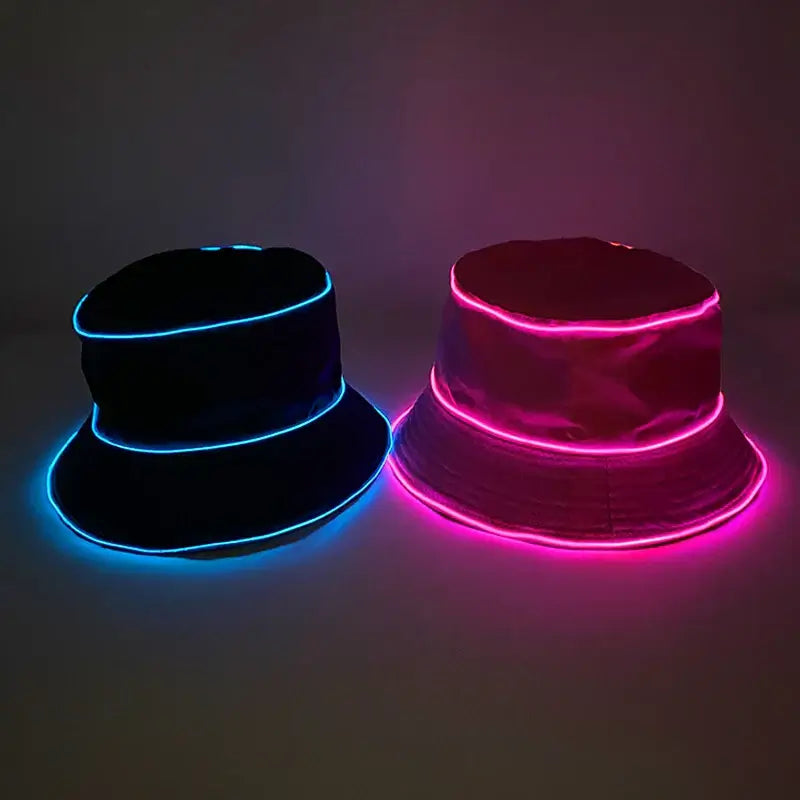 Two LED glowing bucket hats featuring neon blue and pink lights, perfect for beach outings, parties, and night events.