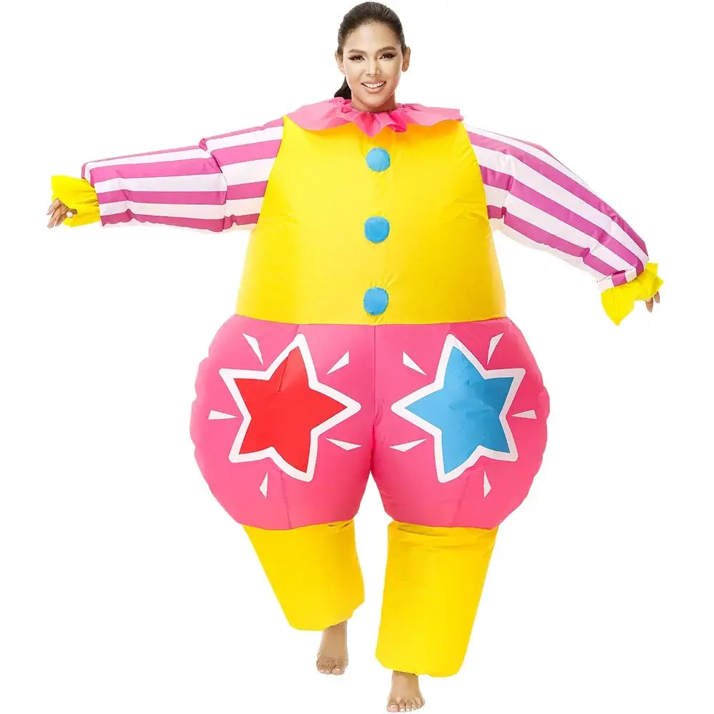 Vibrant inflatable clown costume for adults with colorful star design, ideal for festivals and parties.