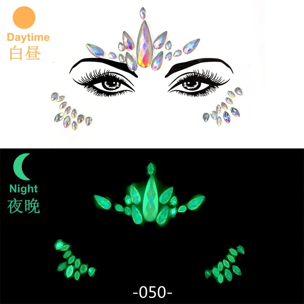 3D Glowing Rhinestone Face Stickers, luminous face gems for festival makeup showing daytime and UV light glowing effect.