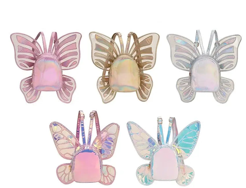 Holographic butterfly wings mini backpacks in various colors, perfect for festivals, parties, and casual outings, with reflective designs.