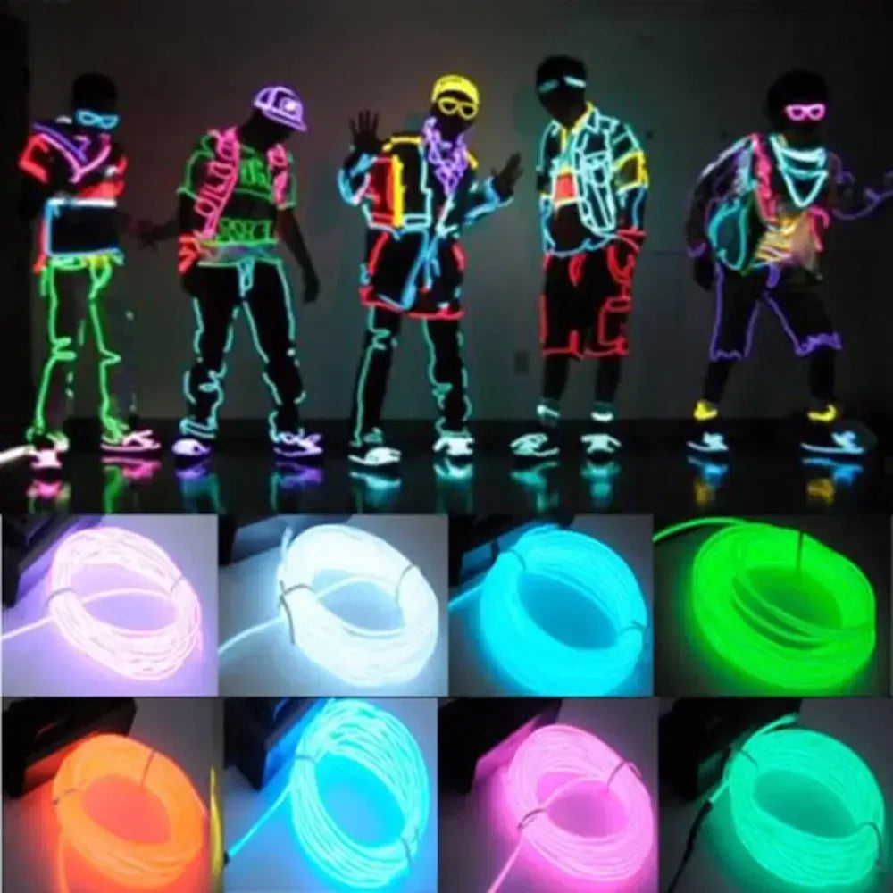 People in glowing outfits using vibrant EL Wire LED Neon Glow Cable for DIY costumes, with various neon color options displayed below.