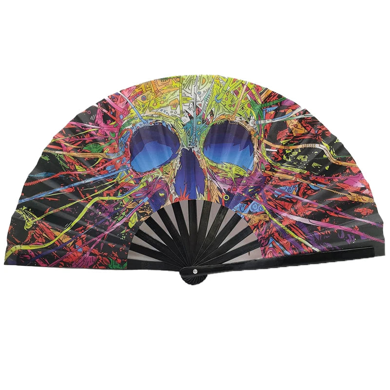 Colorful gradient reflective handheld fan with skull design, ideal for festivals and dance parties, portable and foldable accessory.