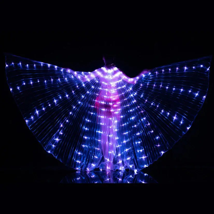 LED butterfly wings costume with vibrant blue lights, perfect for festival dance performances.