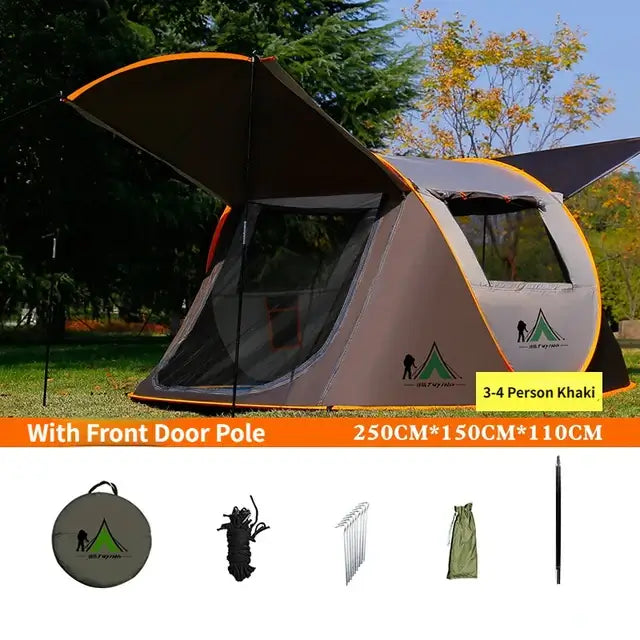 Ultralight automatic pop-up camping tent for 3-4 people in khaki color with front door pole, assembled outdoors.