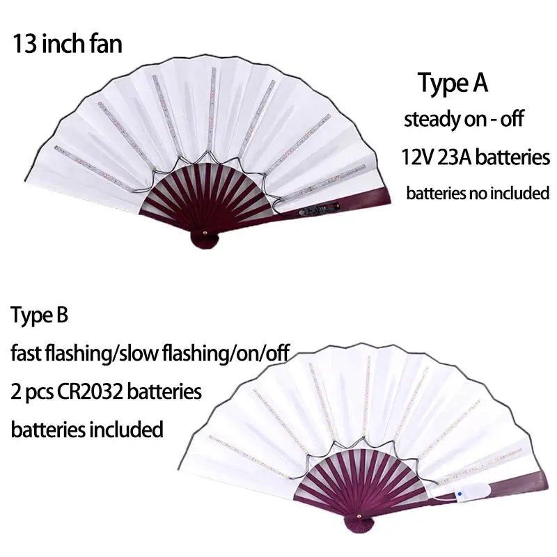 LED glow folding fan with battery options, featuring steady and flashing modes, ideal for dance and stage performances.