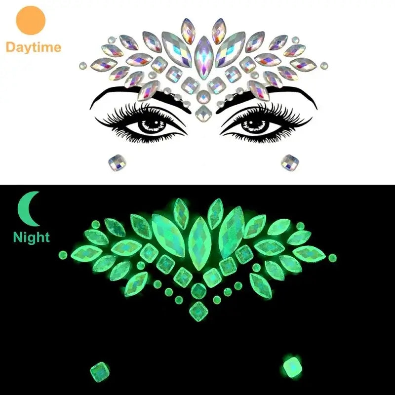 3D glowing rhinestone face stickers for festival makeup, showcasing luminous gems during daytime and glowing effect at night.