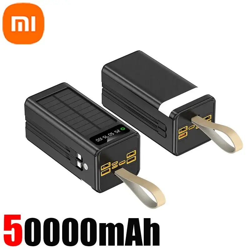 Xiaomi 50000mAh solar power bank with built-in cables and LED light, featuring multiple output options for fast charging.