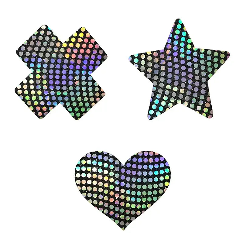 Ultra-thin laser sequin nipple covers in star, heart, and cross shapes with a shimmering finish for stylish and discreet coverage.