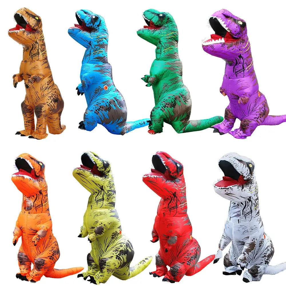 Inflatable T-Rex Dinosaur Costumes in various colors for cosplay, Halloween, and parties, showcasing fun and playful designs.