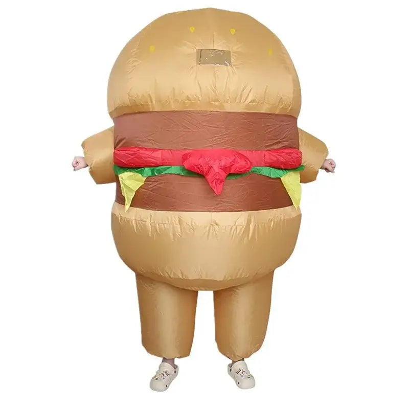 Inflatable hamburger costume for adults, perfect for festivals and parties. Durable, easy to inflate, and eye-catching design.