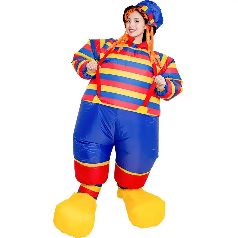 Vibrant inflatable clown costume for adults, perfect for festivals, dance parties, and carnivals, featuring colorful stripes.