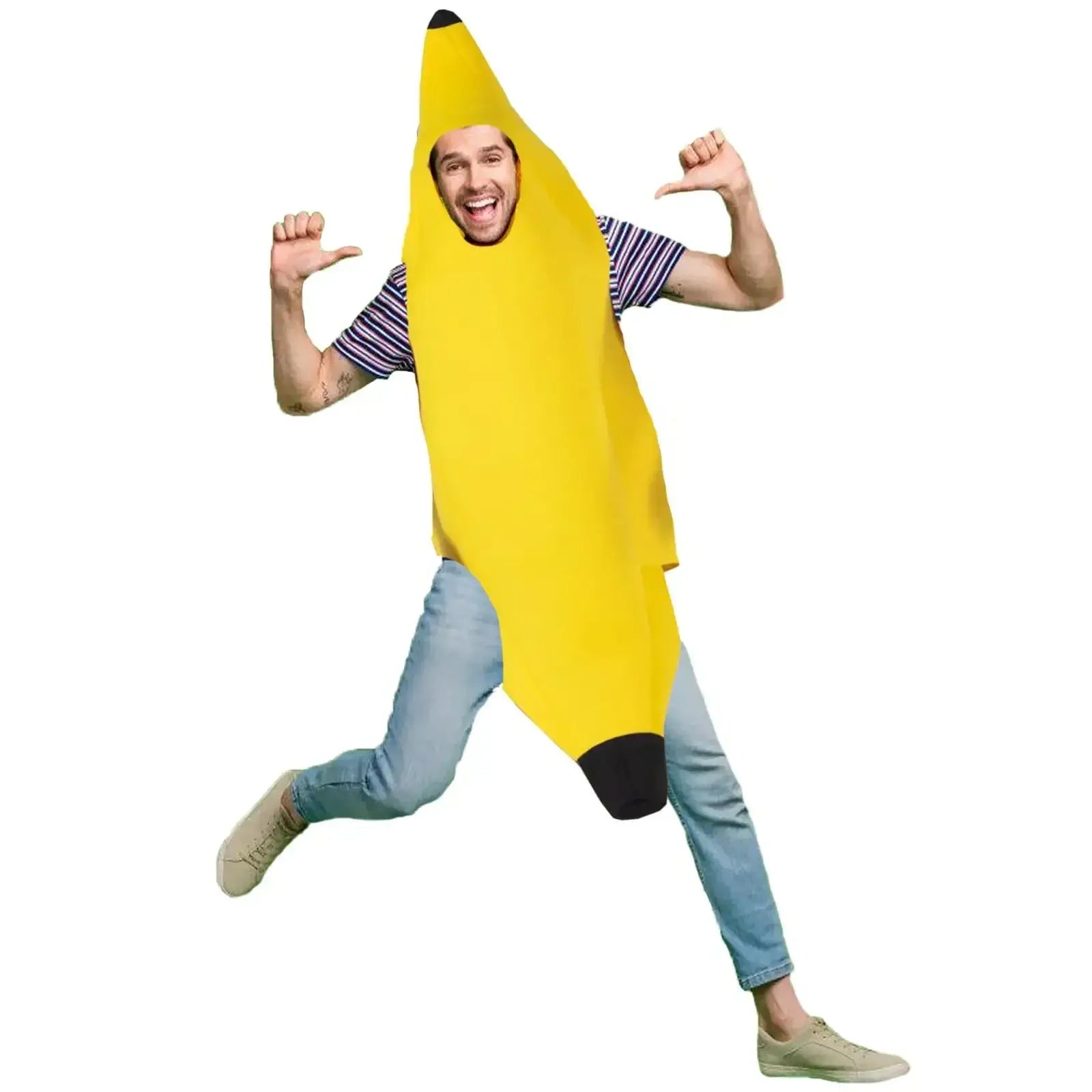 Adult in funny banana costume jumping joyfully at a festival or party, wearing a striped shirt and jeans.