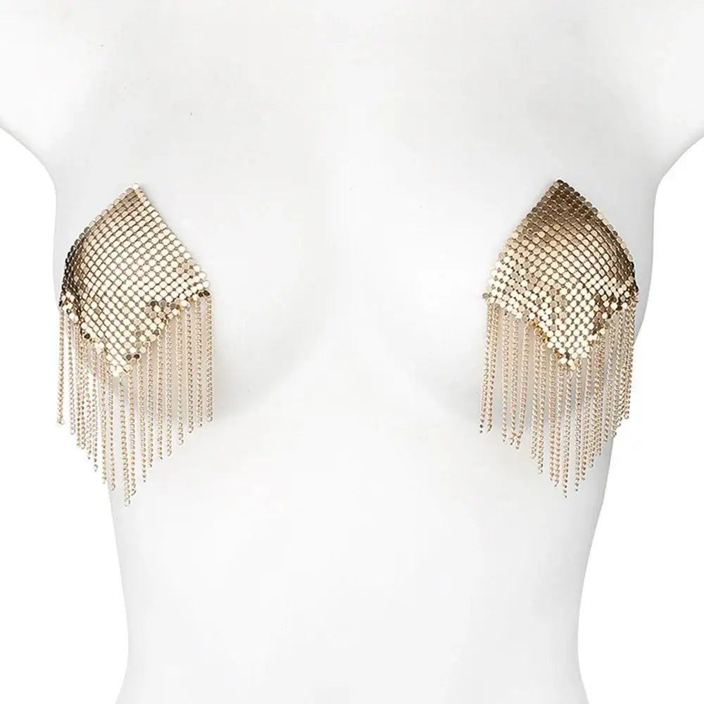 Heart-shaped metallic tassel nipple covers with chain edge, self-adhesive pasties for parties and festivals.