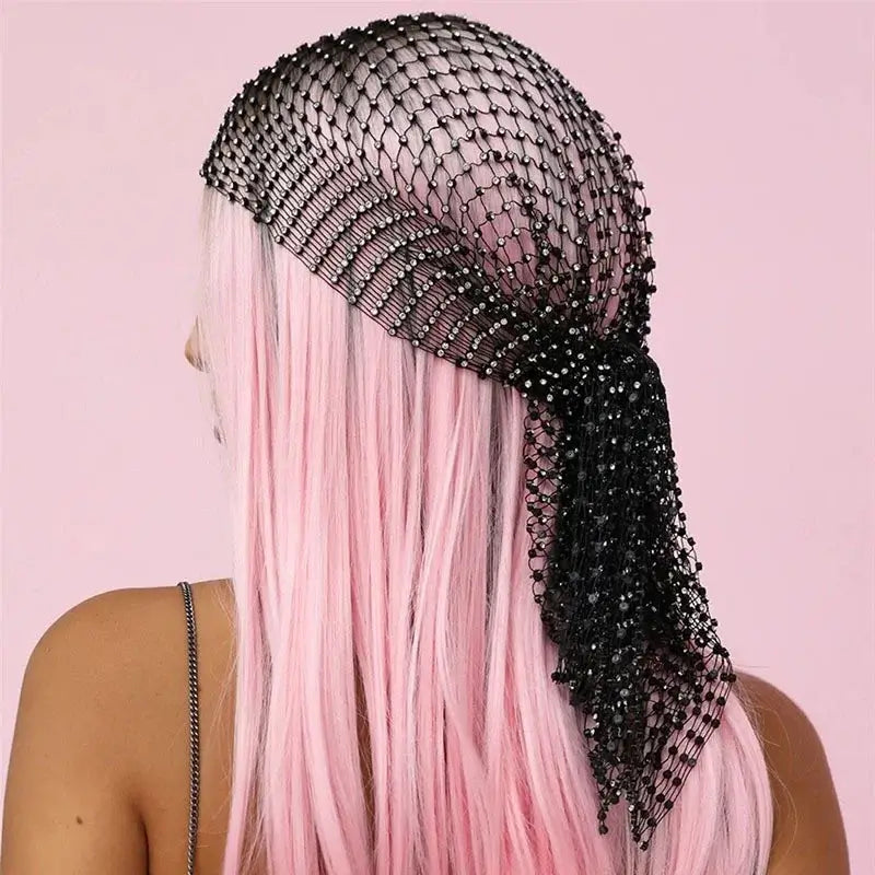 Crystal rhinestone fishnet headscarf on pink-haired model, perfect for hip hop streetwear and festival fashion.