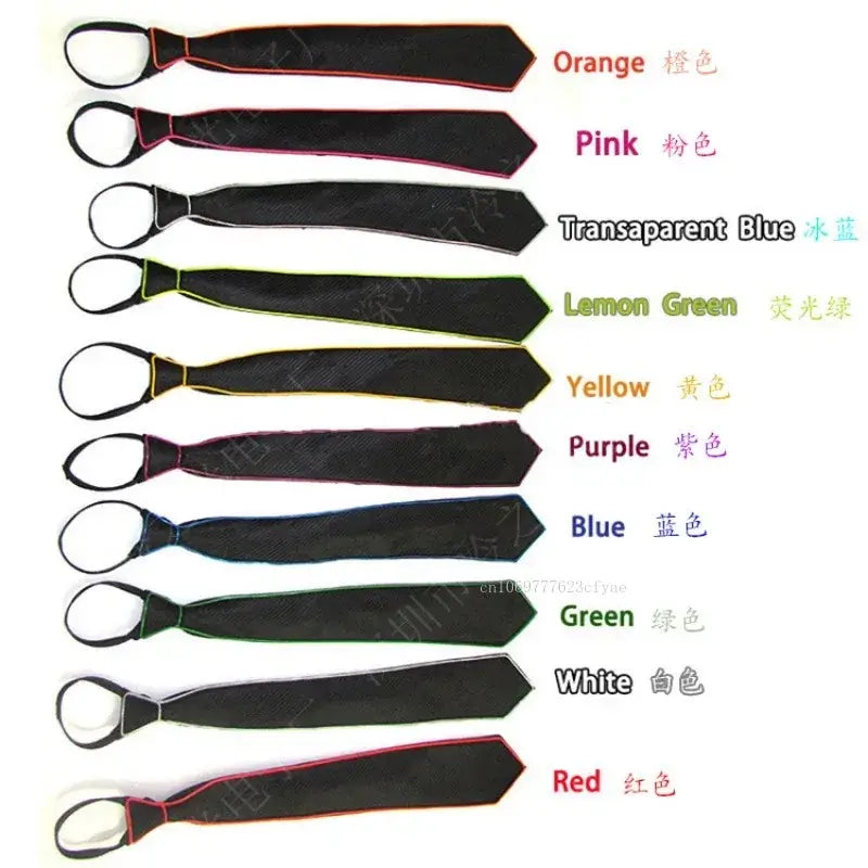 LED neon glow ties in various colors including orange, pink, blue, green, and red for rave parties and costumes.