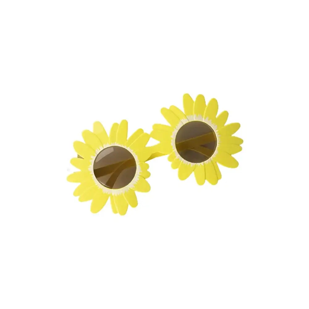 Yellow sunflower-shaped sunglasses with UV400 lenses, perfect for festivals and summer parties.