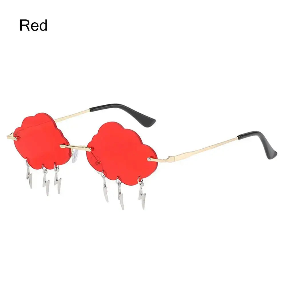 Red retro cloud-shaped lightning sunglasses with colorful rimless design and dangling charms, perfect for 90s disco parties.