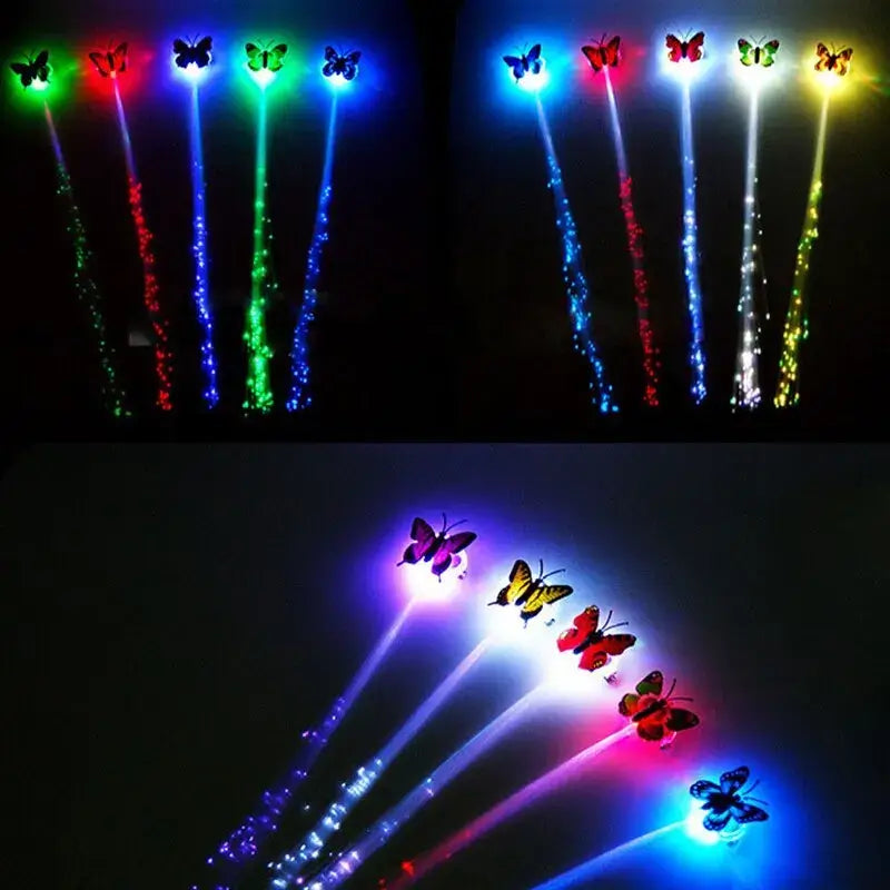 Colorful glow in the dark LED butterfly hair braids with luminous fiber optic strands for prom or party decor.