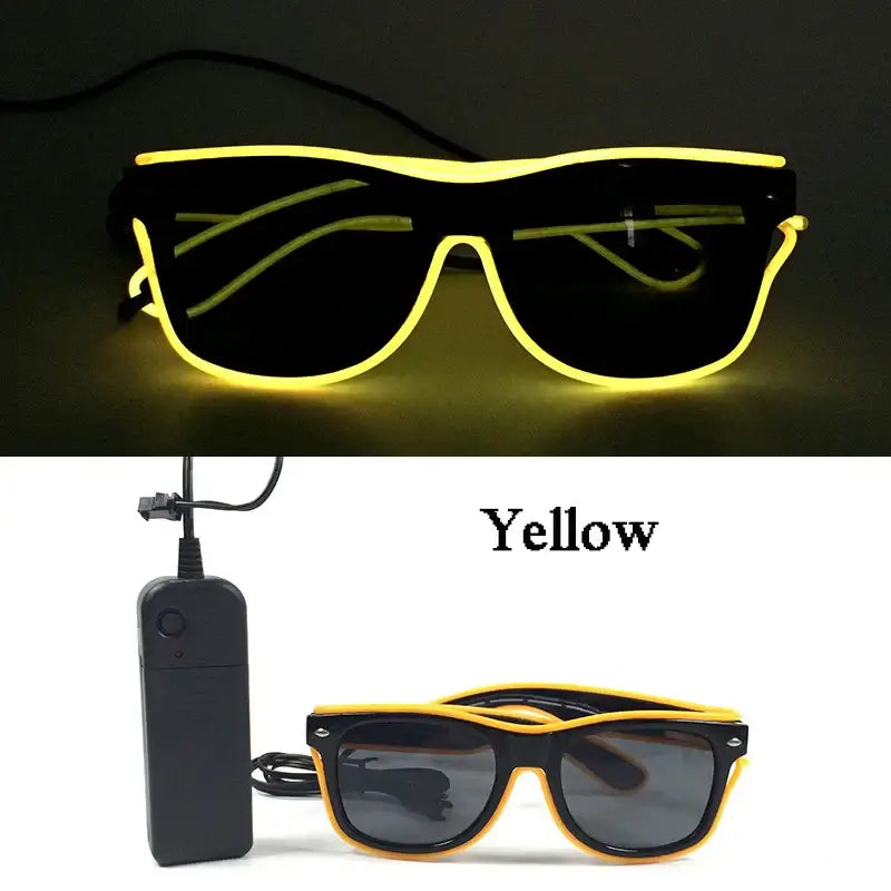 Yellow LED glow glasses with battery pack, featuring vibrant EL wire design for parties and celebrations.