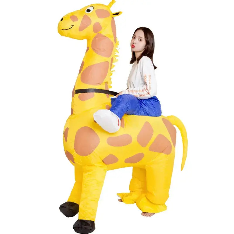 Woman wearing inflatable giraffe costume for adults, perfect for festivals and events, featuring vibrant yellow and brown design.